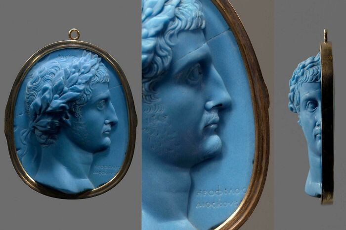Ancient blue cameo artefact featuring a detailed male profile bust in a gold frame, showcasing historical craftsmanship and heritage.