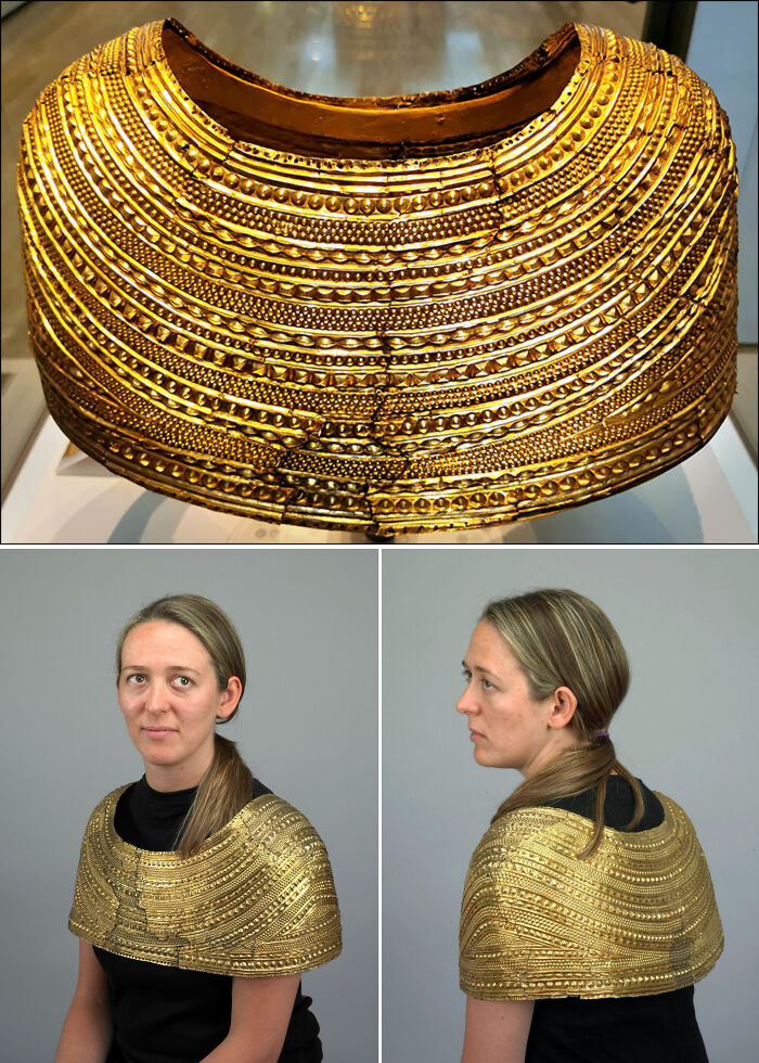 Golden ancient artefact collar shown on display and modeled by a woman, highlighting fascinating artefacts that survived to this day.