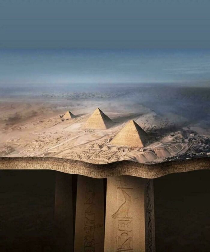 A surreal view of the pyramids on strange Earth showing hidden ancient hieroglyphs beneath the surface.