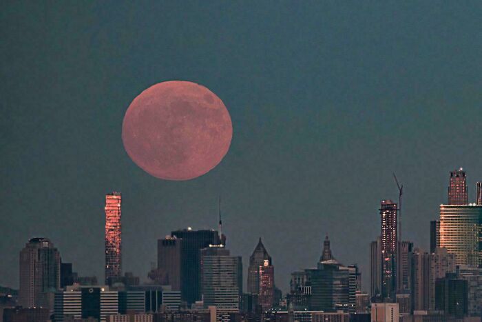 Large reddish moon rising over city skyline at dusk, showcasing one of the strange Earth phenomena in nature.