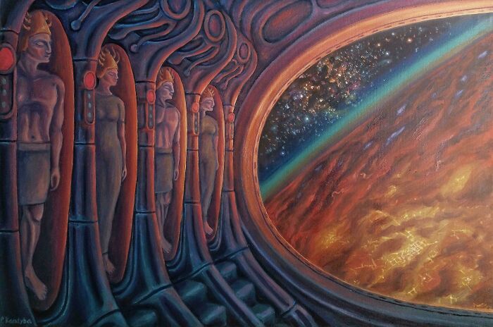Ancient statues carved into walls inside a spaceship with a view of a strange Earth-like planet outside the window.