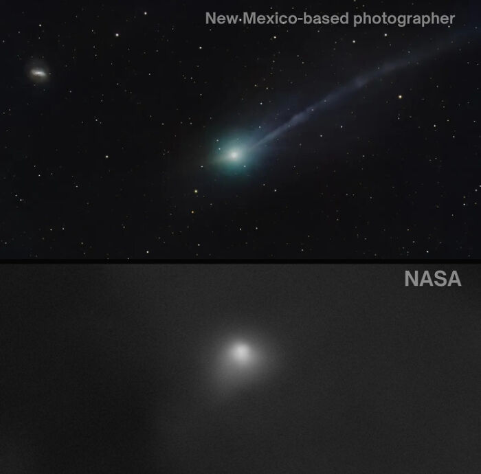 Two images of a comet in space showing strange Earth phenomena with a bright glowing core and trailing tail of dust.