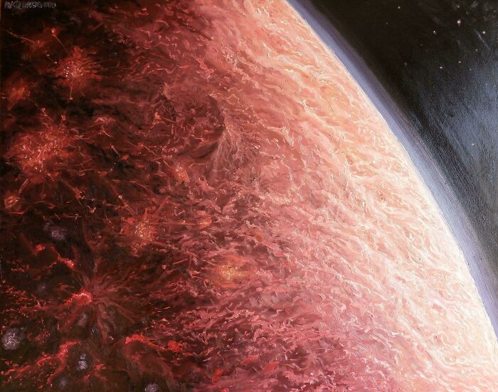 Close-up of a strange Earth surface showing unusual red textures and patterns that appear borderline unbelievable.