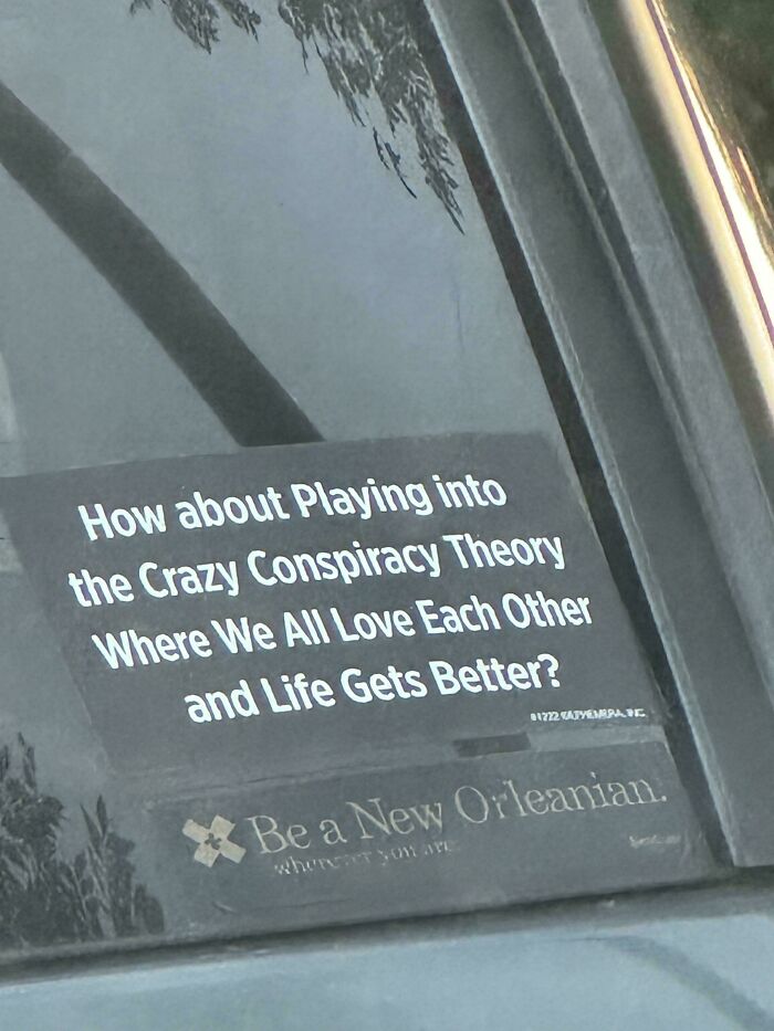 Bumper sticker on car window with humorous message about a positive conspiracy theory and love for each other.
