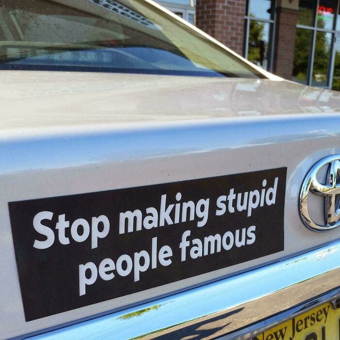 Hilarious and unhinged bumper sticker on a car reading stop making stupid people famous in a parking lot.