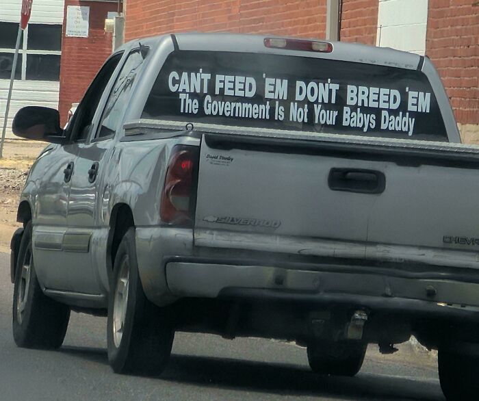 Silver pickup truck with a hilarious and unhinged bumper sticker about government and responsibility on the rear window.