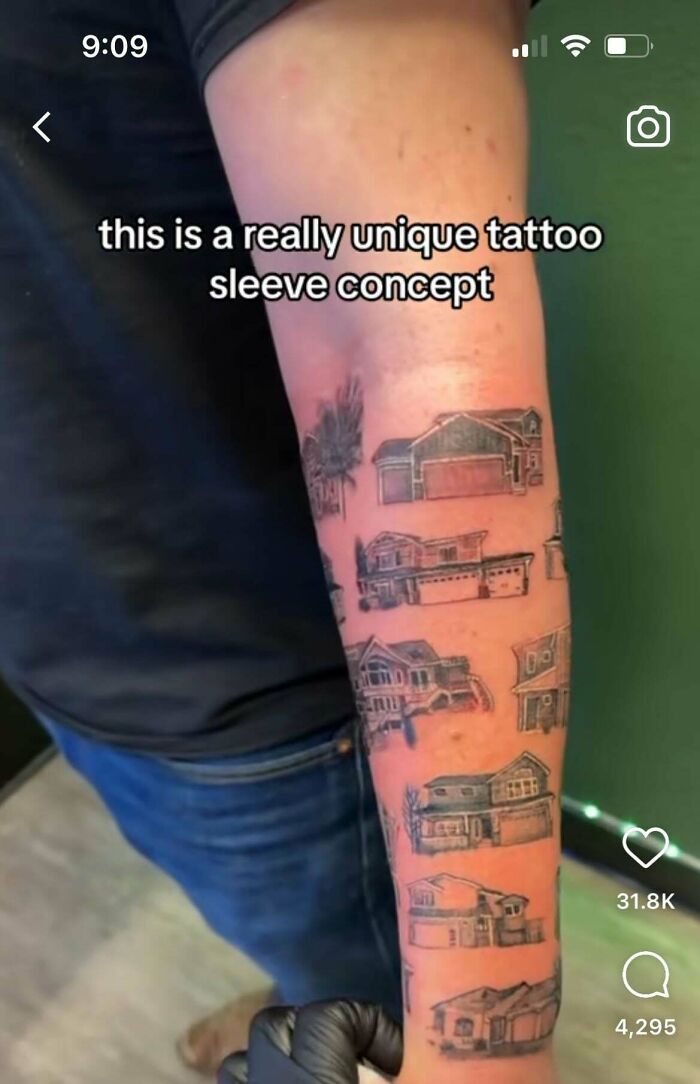 Forearm tattoo sleeve showing detailed house designs, illustrating a truly awful tattoo concept with funny and tragic elements.