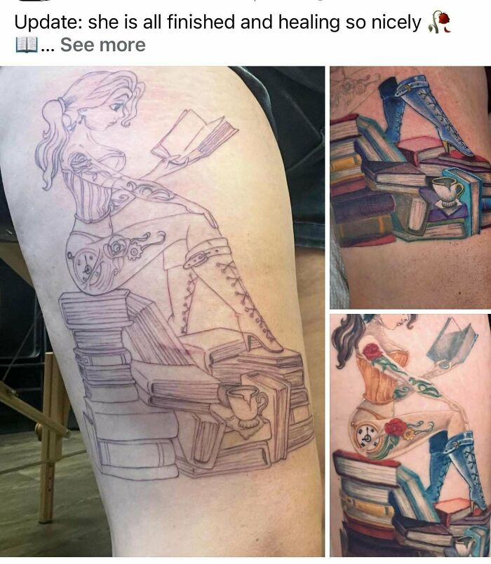 Outline and colored versions of a book-themed tattoo featuring a woman sitting on stacked books with lace-up boots.