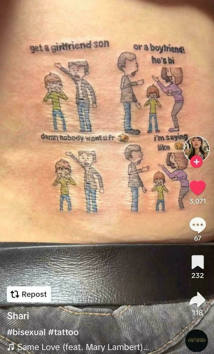 Colorful cartoon-style tattoo on skin depicting a confusing comic strip, illustrating truly awful tattoos with humor and regret.