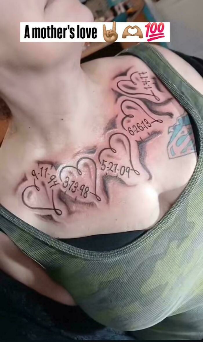 Chest tattoo with multiple heart shapes and dates, an example of truly awful tattoos that are funny and tragic at once