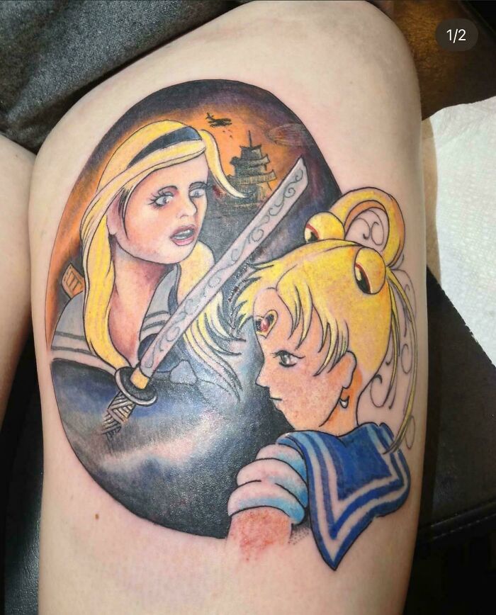 Tattoo of two female characters with exaggerated features and a sword, showcasing a truly awful tattoo design on skin.