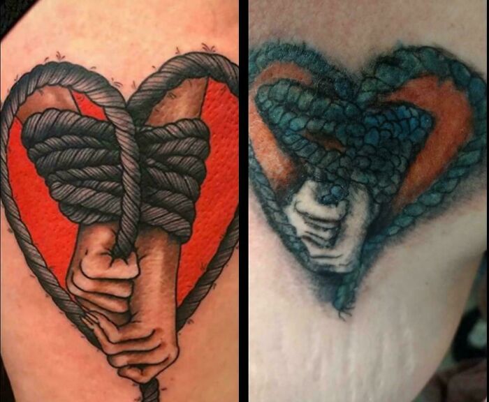 Two side-by-side awful tattoos featuring hands wrapped in rope forming a heart shape with red background on skin.
