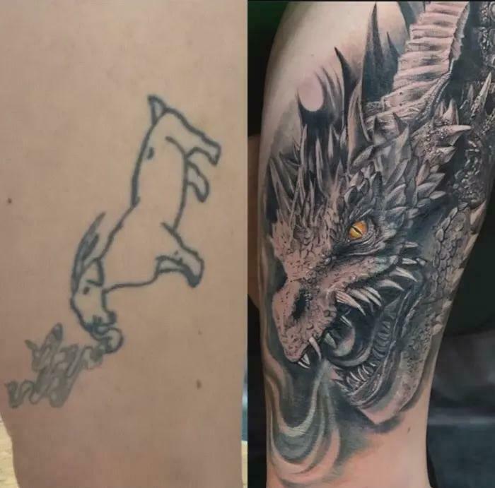Side-by-side comparison of an awful tattoo and a detailed dragon tattoo showcasing truly awful tattoos and impressive cover-ups.