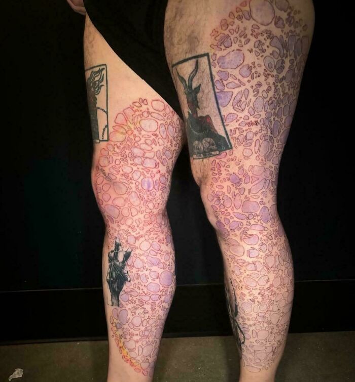 Leg tattoos featuring abstract, uneven shapes and dark rectangular designs, showcasing truly awful tattoos with unique patterns.