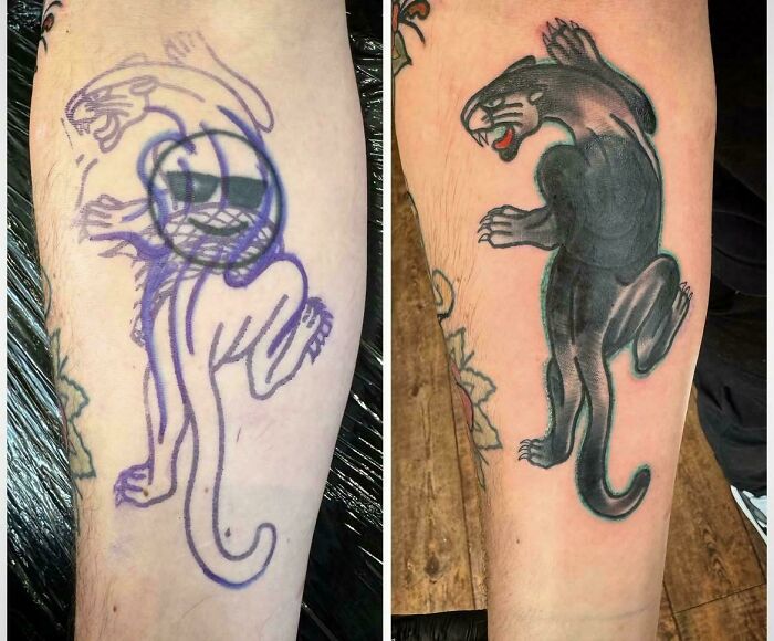 Side-by-side images showing the cover-up process of a truly awful tattoo being transformed into a black panther.