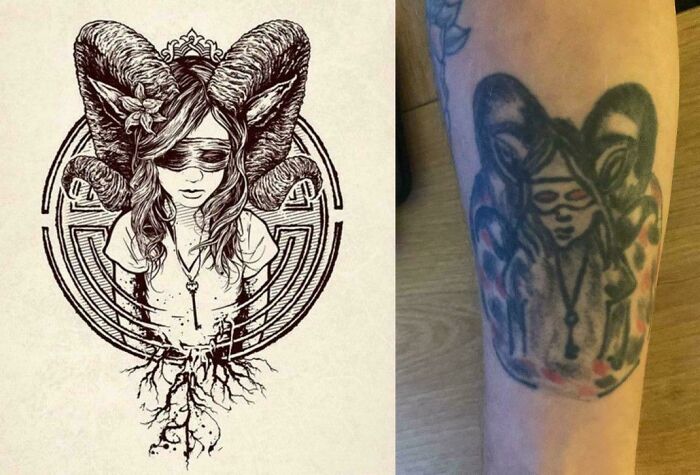 Side-by-side comparison of a complex ram horn tattoo design and a poorly executed arm tattoo version in awful tattoos.