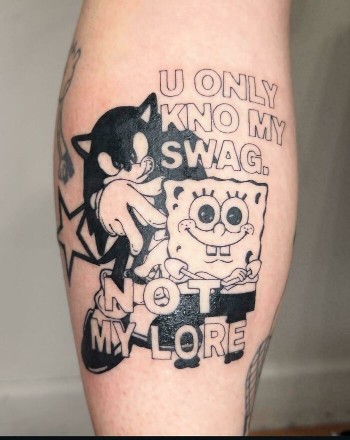 Tattoo featuring poorly drawn Sonic and SpongeBob with text, showing a truly awful tattoo that is funny and tragic.