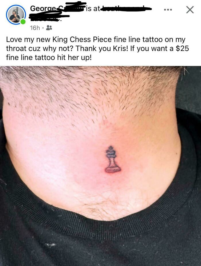 Small king chess piece tattoo on the throat, an example of truly awful tattoos that are funny and permanent.