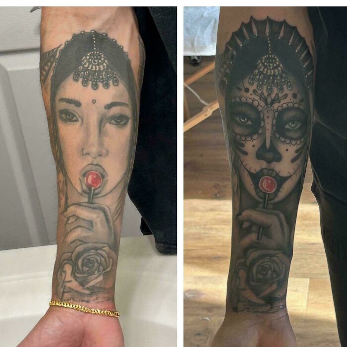 Two forearm tattoos showing a woman with a lollipop, one realistic and the other as a Day of the Dead skull design.