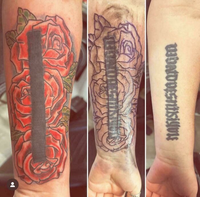 Three images showing poorly executed tattoos of roses and blacked-out bars on forearms, illustrating truly awful tattoos.