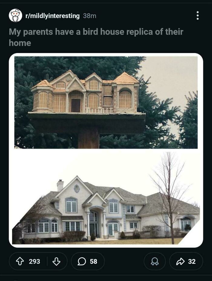 A detailed birdhouse replica of a real mansion. People take inspiration from mansions, but their creations can be a Temu version.