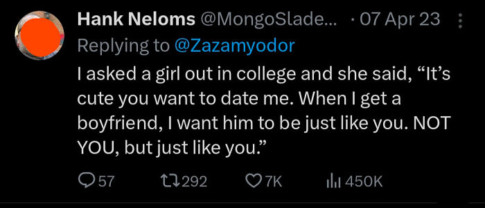 A tweet from Hank Neloms describing a dating rejection in college, featuring a savage verbal knockout.