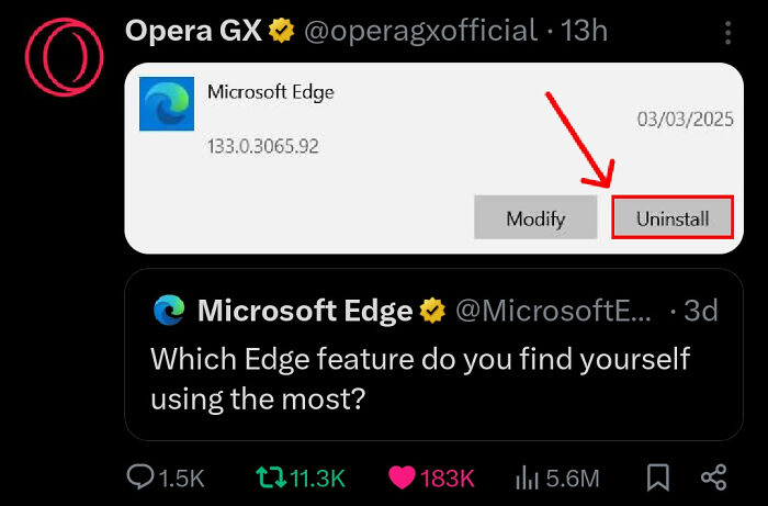 A screenshot showing Microsoft Edge being uninstalled above a tweet asking about Edge features, exemplifying verbal knockouts.