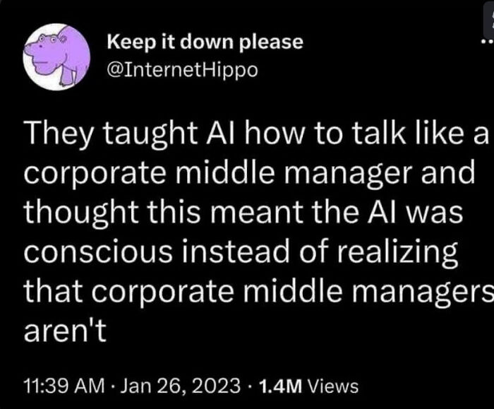 A tweet about a savage verbal knockout on AI being taught to talk like a corporate middle manager.