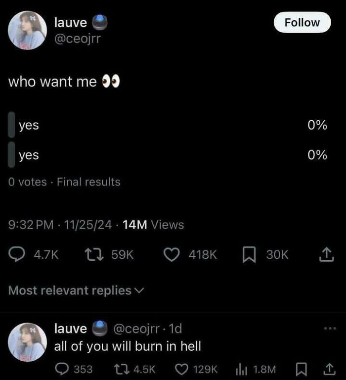 A social media poll with 0% yes votes, followed by a savage verbal knockout in the comments.