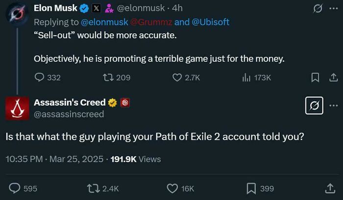 A Twitter exchange between Elon Musk and Assassin's Creed, showing a verbal knockout about gaming.