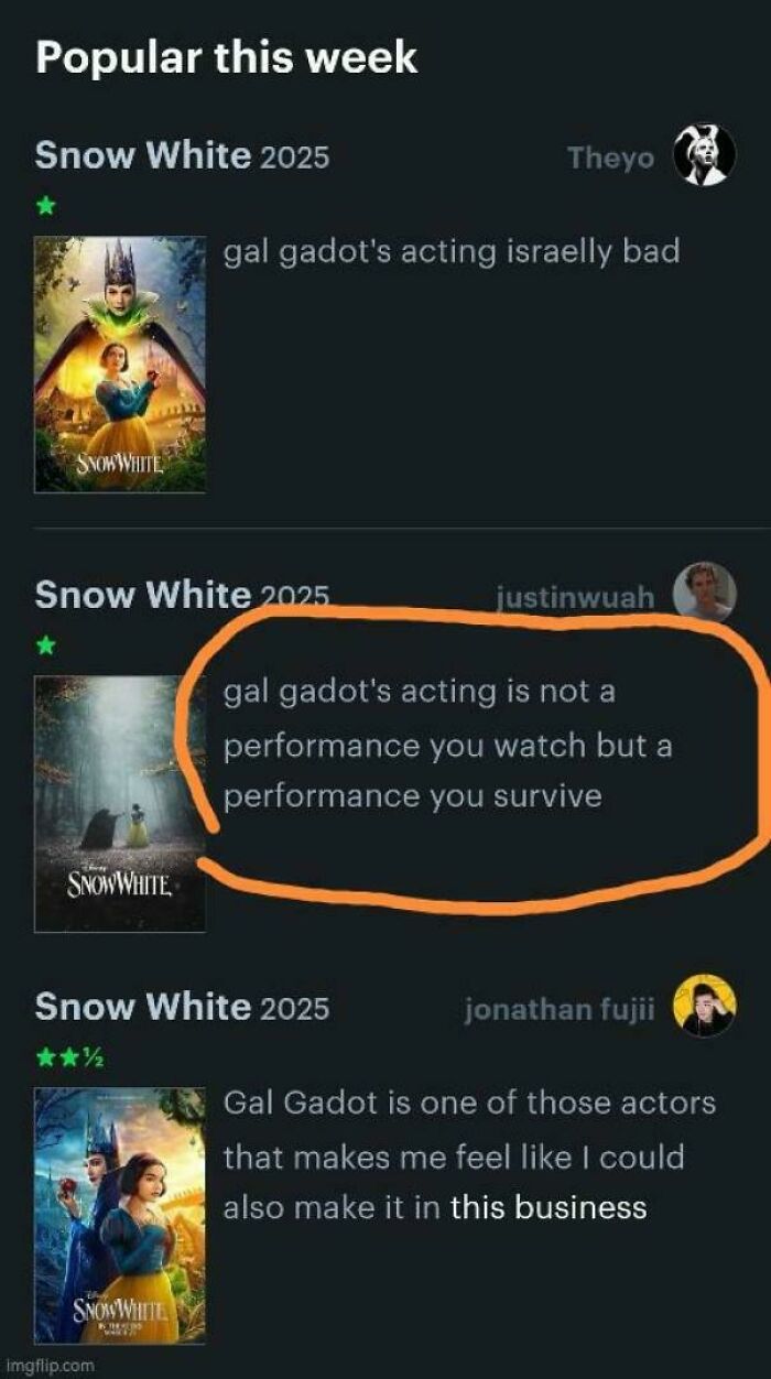 Multiple social media posts criticizing Gal Gadot's acting in Snow White 2025, showing savage verbal knockouts.