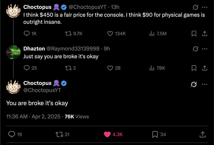 A Twitter conversation with a verbal knockout where one user replies to another's post about console and game prices with You are broke it's okay.