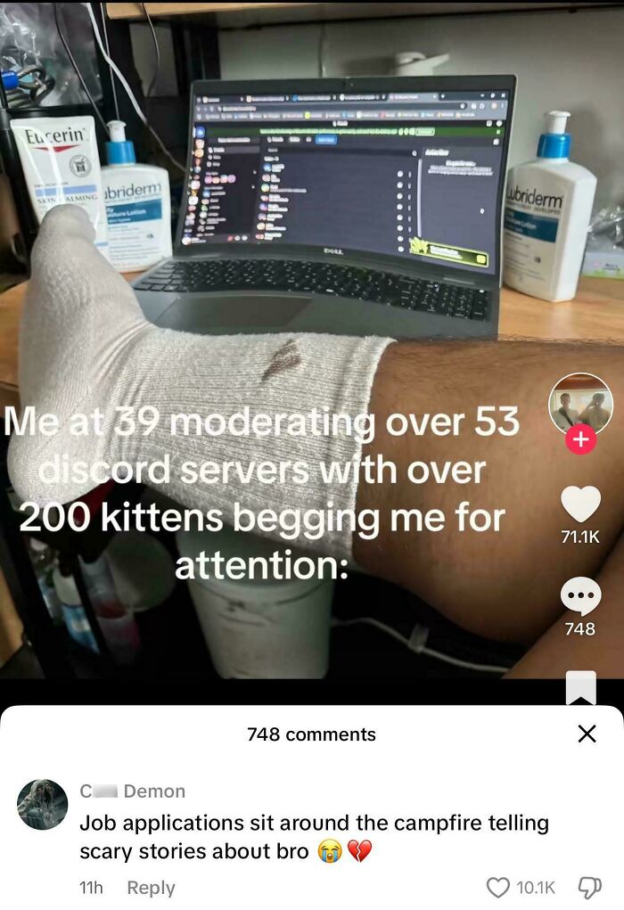 A TikTok video showing a person's leg with a cast, a laptop, and skincare products, with text about moderating Discord servers and a savage comment.
