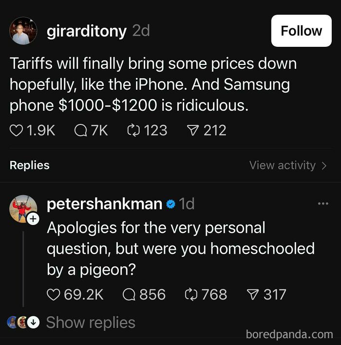 A Twitter exchange featuring a savage verbal knockout where one user asks another if they were homeschooled by a pigeon.