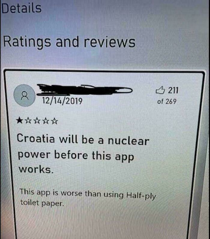 An app review delivering a savage verbal knockout, stating the app is worse than half-ply toilet paper.