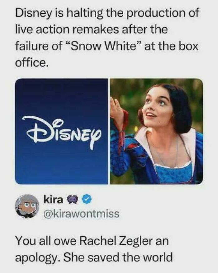 A meme showing a Disney live-action Snow White image next to a Disney logo, with a verbal knockout tweet.