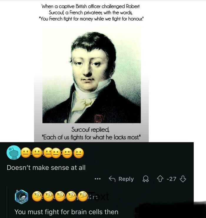 A meme with a verbal knockout. A British officer and Surcouf's exchange, followed by a witty comment.
