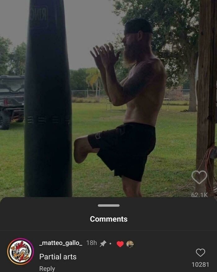 A man practicing martial arts with a punching bag and a comment about partial arts, showcasing verbal knockouts.