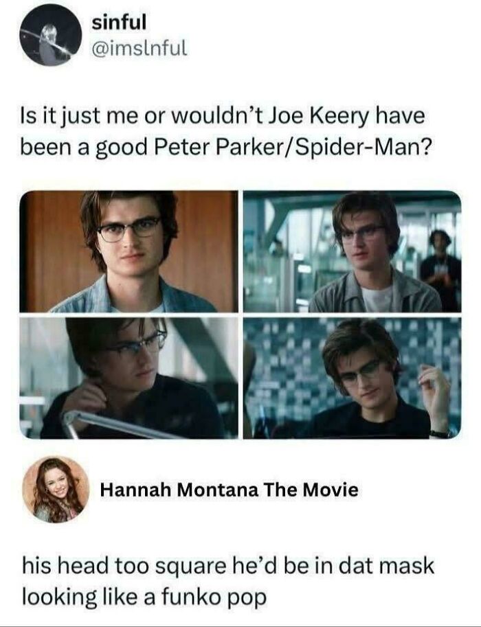 A four-panel image of Joe Keery with a comment about his head shape, relating to verbal knockouts.