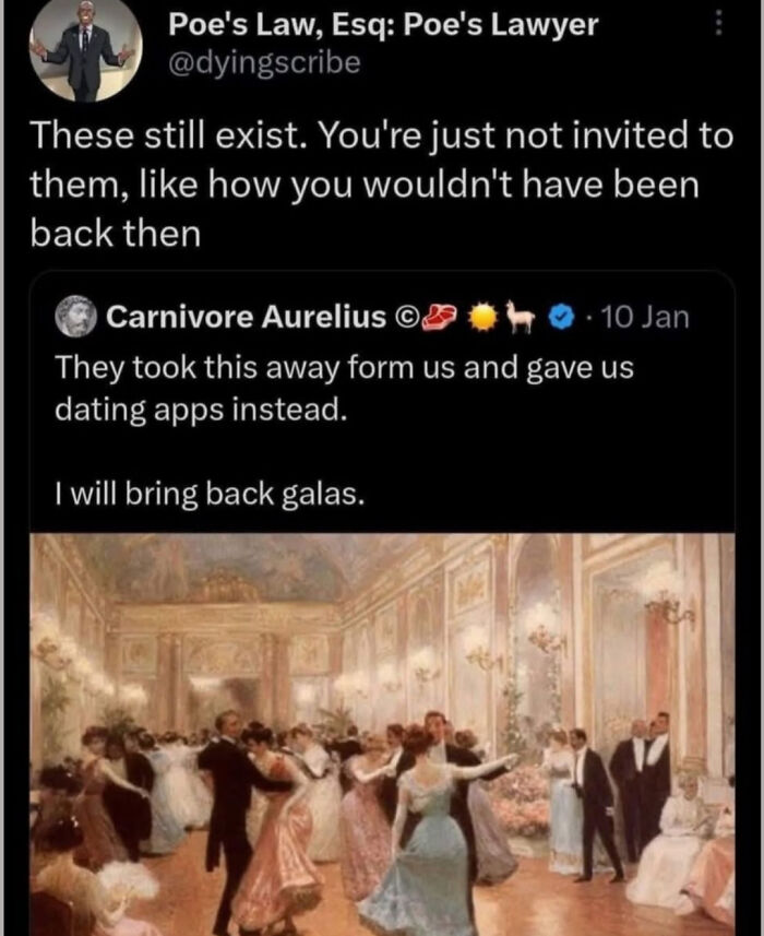 A screenshot of a savage verbal knockout tweet arguing that galas still exist, people are just not invited.