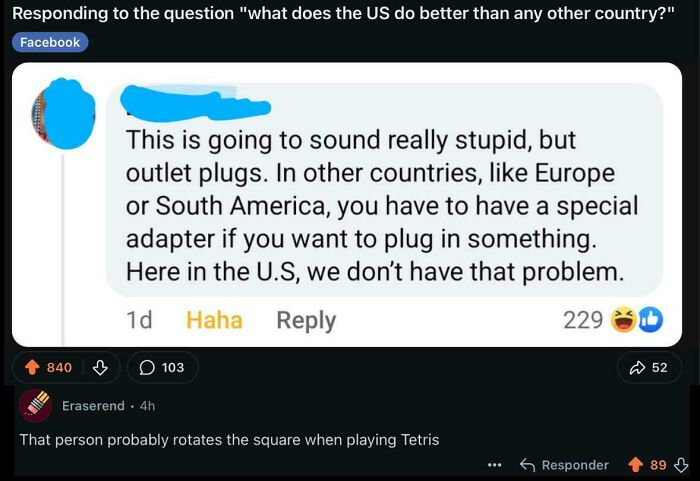 A screenshot displaying a savage verbal knockout Reddit comment comparing someone to a Tetris player.