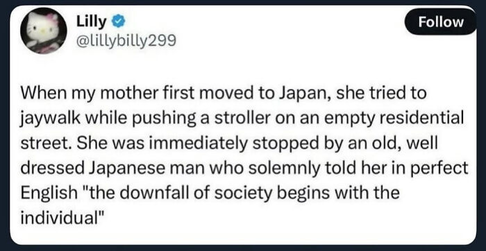 A screenshot capturing a savage verbal knockout tweet about the downfall of society beginning with the individual.