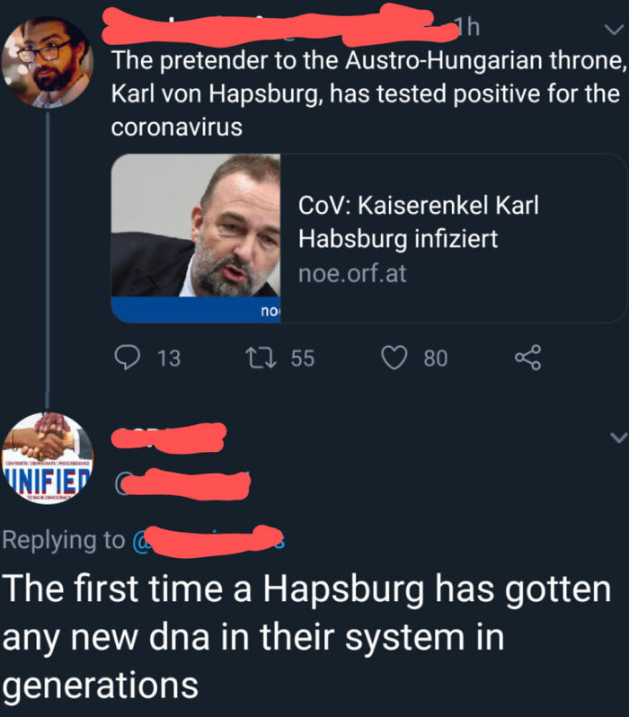 A screenshot showing a savage verbal knockout tweet about Karl von Hapsburg and his family's DNA.