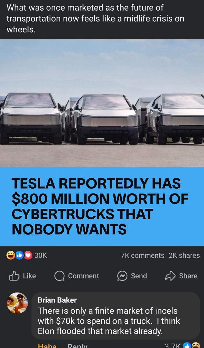 A screenshot of a Facebook post, showing multiple Tesla Cybertrucks and a verbal knockout comment about their market.
