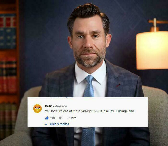 A man in a suit is sitting on a chair, with a comment saying, You look like one of those Advisor NPCs in a City Building Game. This is a verbal knockout.