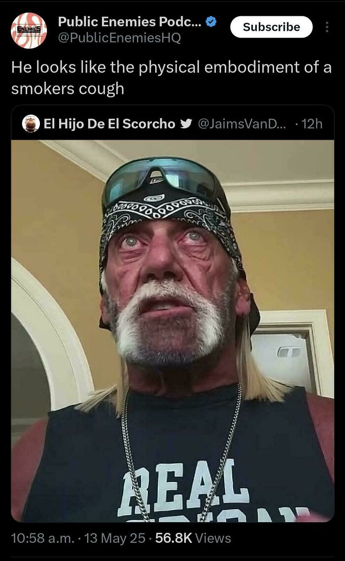 A screenshot of a tweet with a picture of Hulk Hogan and a comment saying, He looks like the physical embodiment of a smokers cough. This is a verbal knockout.