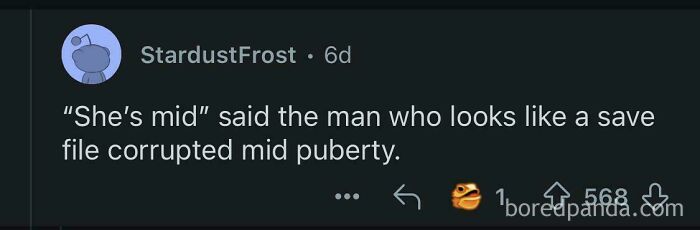 A screenshot of a comment saying, Shes mid said the man who looks like a save file corrupted mid puberty. This is a verbal knockout.