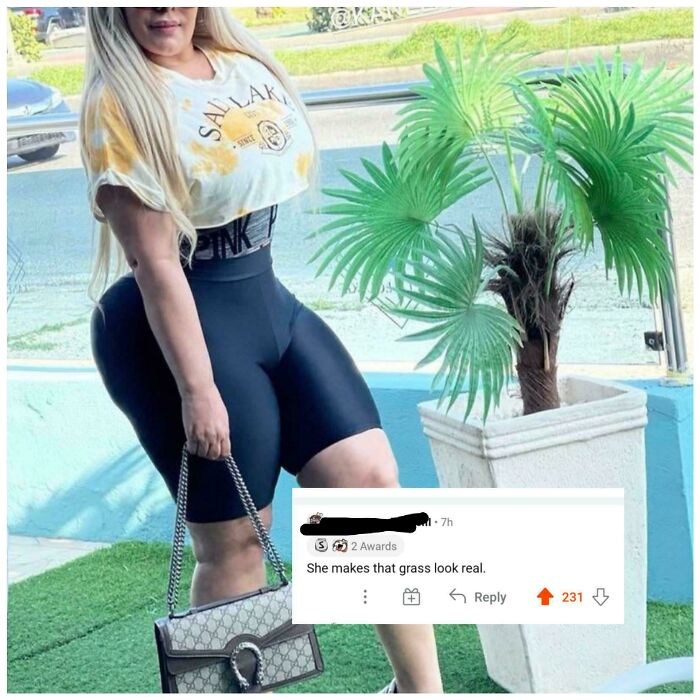 A woman is standing next to a plant, with a comment about her making the grass look real, a savage verbal knockout.