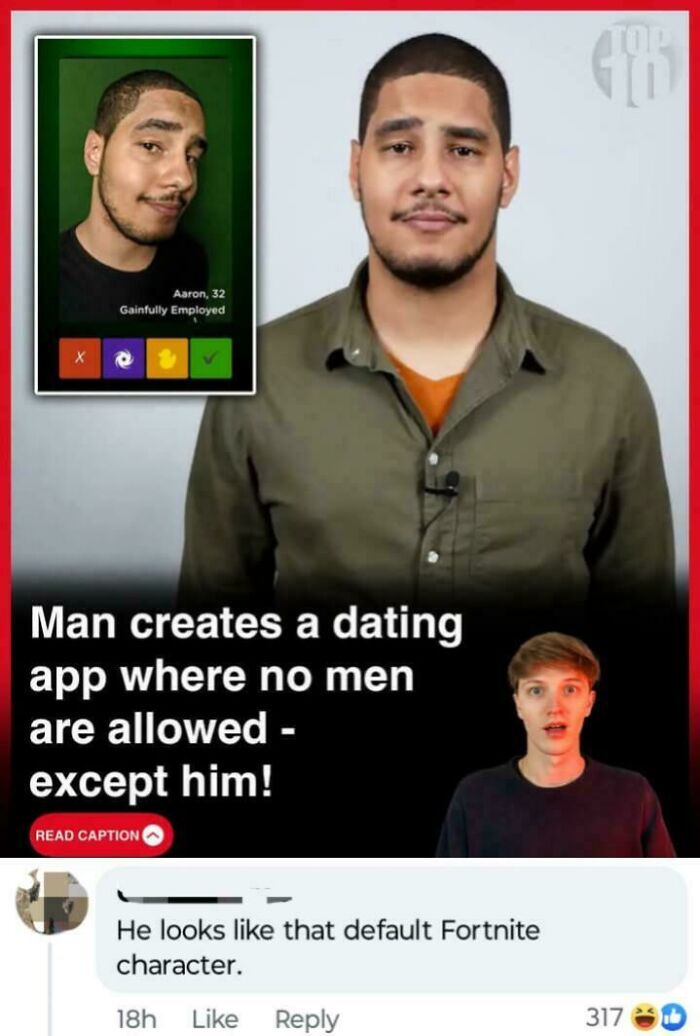 A split image of a man and a dating app profile. A comment at the bottom makes a savage verbal knockout.