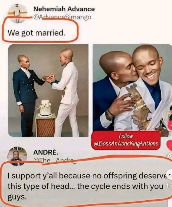 A screenshot of a wedding announcement with two men with unusual head shapes, followed by a savage verbal knockout comment.
